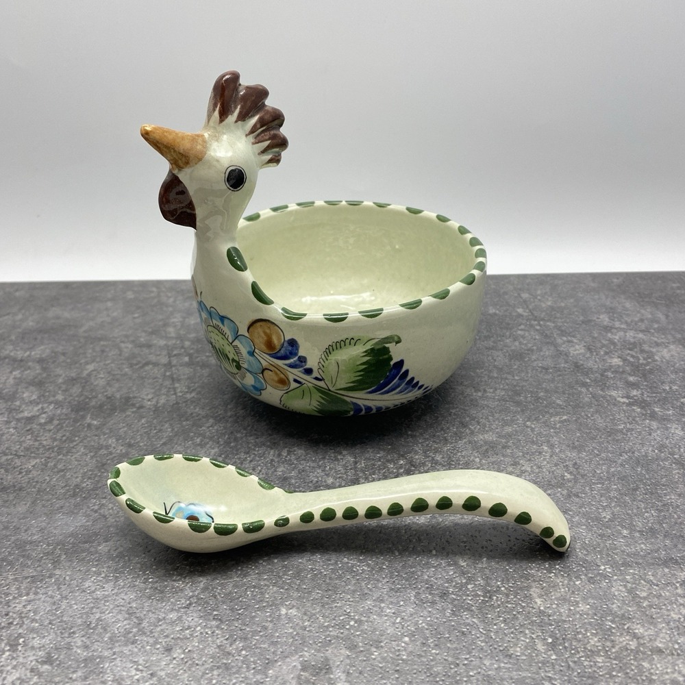 Vintage Tonala Rooster Bowl + Spoon Hand Painted Floral Design Signed CAT Mexico